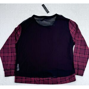 Seven 7 Red Plaid Peek a boo Back Long Sleeve‎ Boat Neck Blouse Shirt L.